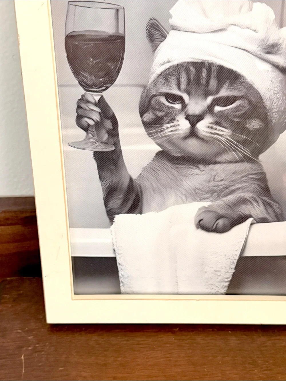 Bathtub Cat Drinking Wine Quirky Kitty Canvas Bathroom Wall Art Print Framed